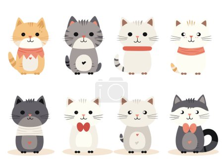 Eight cute cartoon cats displayed pairs, featuring different colors accessories, vector illustration