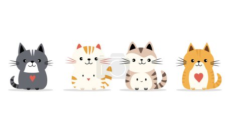Four cute cartoon cats sitting row simple vector illustration