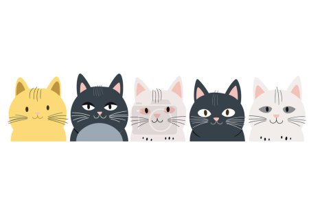 Illustration for Five cute colorful cartoon cats lined up row vector illustration - Royalty Free Image