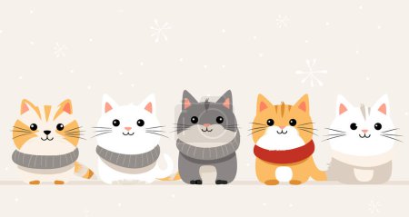 Five cute cats scarves sit side side winterthemed vector illustration