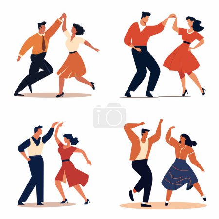 Illustration for Couple dancing swing rock n roll retro style clothes. Energetic dance moves, joyful expression, vintage fashion - Royalty Free Image