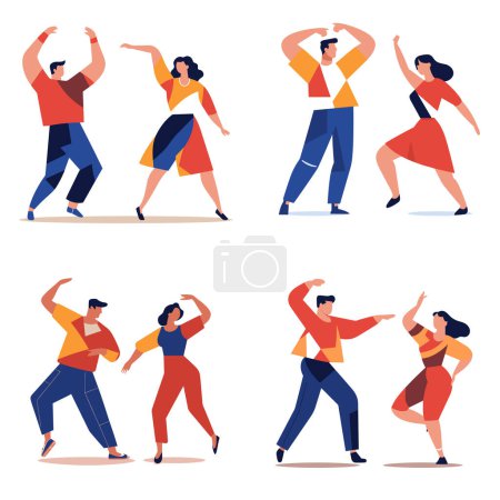 Illustration for Three couples dancing happily casual clothing. Two men four women enjoy dance moves. Joyful dance gathering, leisure activity vector illustration - Royalty Free Image