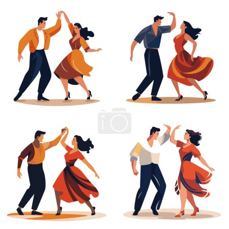 Illustration for Couples dancing salsa vibrant outfits. Men women perform Latin dance moves. Expressive dance partners illustration. Rhythm, joy, movement vector illustration - Royalty Free Image