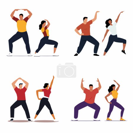 Group people exercising, fitness workout poses. Men women performing dance aerobic movements. Gymnastics healthy lifestyle vector illustration
