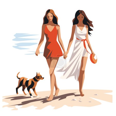 Two women walking dog beach, wearing summer dresses. Friends pet enjoying beach walk. Female bonding leisure time vector illustration