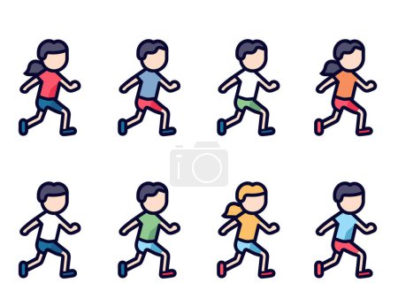 Illustration for Running people various colorful outfits, side view. Cartoon style, different running poses, active lifestyle. Exercise fitness, jogging characters vector illustration - Royalty Free Image