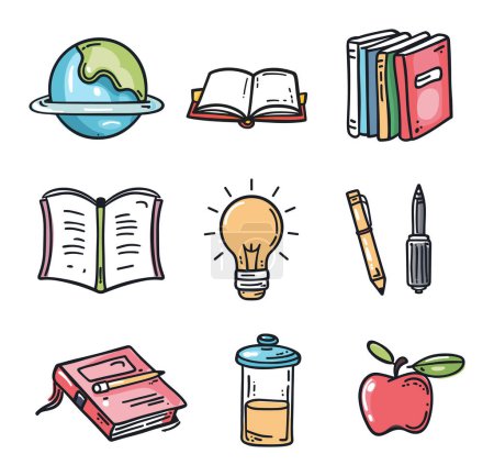 Illustration for Colorful education icons set globe, open book, stack books, light bulb, pens, books, apple, jar. School learning concept vector illustration - Royalty Free Image