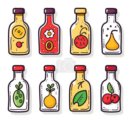 Illustration for Set colorful sauce bottles various fruit vegetable labels. Bottles different dressings ketchup. Condiment collection quirky style vector illustration - Royalty Free Image