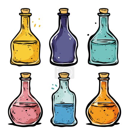 Colorful handdrawn potion bottles corks. Magical liquid vials sketch fantasy themes. Alchemist wizard supplies vector illustration