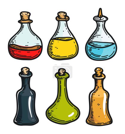 Set six colorful potion bottles various liquids. Handdrawn style magical potions collection. Alchemy chemistry concept bottles vector illustration