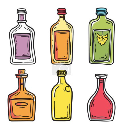 Handdrawn assorted bottles bright colors. Various alcohol bottle types caps labels. Beverage collection, home bar essentials vector illustration