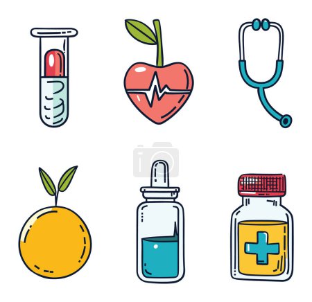 Handgezeichnete Gesundheits-Ikonen Set. Reagenzglas, Herzschlag, Stethoskop, Orange, Sirupflasche Pille Behälter