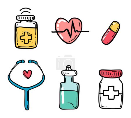 Handgezeichnete Gesundheits-Ikonen, die medizinische Wellness zeigen. Doodle medizinische Elemente, Herzfrequenz, Pille, Stethoskop, Fläschchen. Vektor-Illustration zur Gesundheitsapotheke