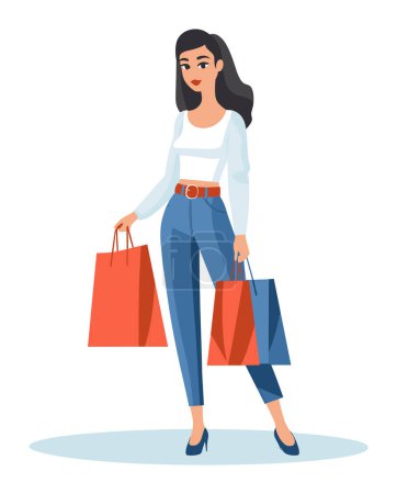 Young woman carrying shopping bags walking after good sale. Fashionable shopper enjoys retail therapy. Shopping spree, modern consumerism vector illustration