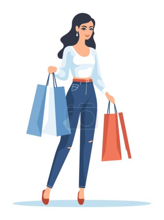 Bolsas de compras de mujer caminando. Elegantes jeans de shopper disfrutando del retail. moda señora compras juerga vector ilustración