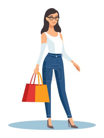 Gafas de mujer adulta joven ropa casual sosteniendo bolsas de compras, comprador seguro de sí mismo, consumidor elegante. Moda moderna estilo de vida urbano vector ilustración