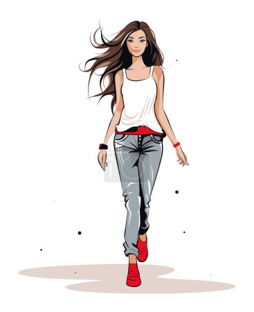 Téléchargez les illustrations : Jeune femme marchant les cheveux coulant en toute confiance, vêtements décontractés, jeans, baskets rouges. Fille urbaine à la mode, style de rue moderne, illustration vectorielle pose dynamique - en licence libre de droit