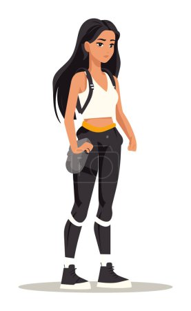 Jeune femme asiatique debout occasionnellement sac de gym, tenue sportive, cheveux longs, posture confiante. Style de vie fitness mode urbaine illustration vectorielle