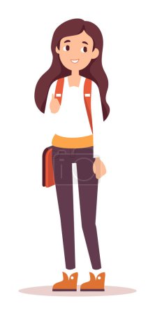 Young female student backpack smiling standing confidently. Casual outfit happy student lifestyle vector illustration
