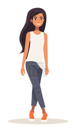 Young female walking casually, long hair, smiling, wearing white top, cropped trousers sneakers. Casual style happy young woman vector illustration