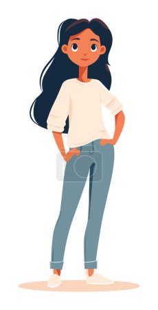 Young woman standing confidently hands hips, casual clothes, smiling female, modern girl character design. Confident woman, empowerment, casual fashion vector illustration