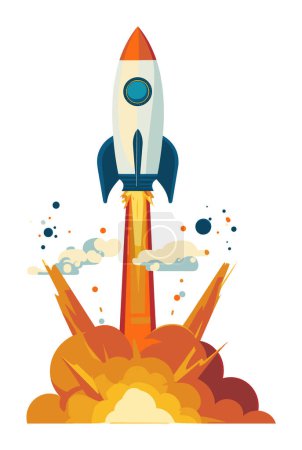 Cartoon rocket launching fire smoke. Space exploration, startup launch concept. Retro spaceship taking off, adventure vector illustration