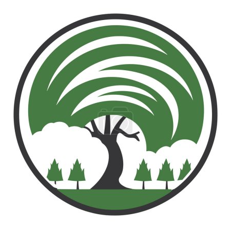 Árbol emblema círculo señales wifi que representan la tecnología de la naturaleza. Logo de tecnología sostenible verde. Ecología e innovación vector ilustración