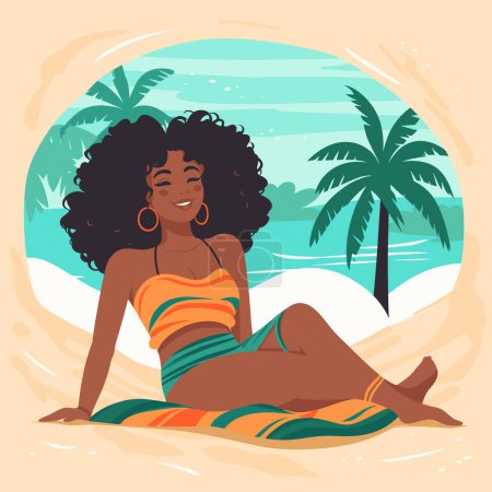 Mujer afroamericana relajante playa, sentado palmeras de arena. Feliz hembra negra disfrutando de vacaciones tropicales. Vacaciones de verano playa tiempo libre vector ilustración