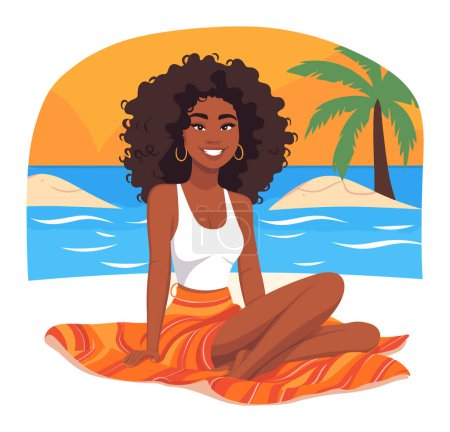 Téléchargez les illustrations : Femme afro-américaine assise serviette de plage mer, souriante femme aux cheveux bouclés aime coucher de soleil. Vacances d'été plage vacances vibes vectoriel illustration - en licence libre de droit