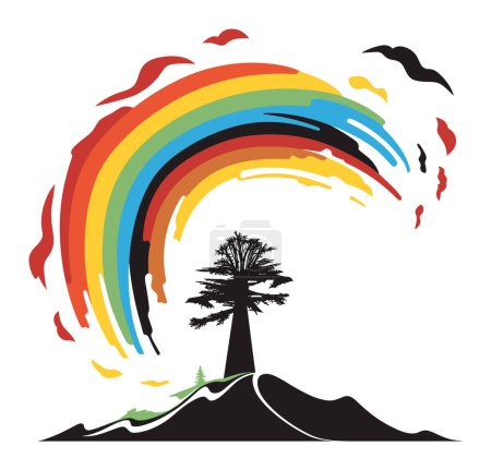 Stylized rainbow arcing over mountain lone tree silhouette flying birds. Nature landscape colorful spectrum peaceful scenery vector illustration