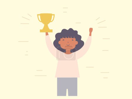 Illustration for Woman holding trophy aloft joyfully pride. Celebrating victory winning moment. Success achievement concept vector illustration - Royalty Free Image