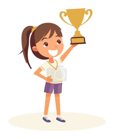 Jovencita sosteniendo orgullo trofeo, concepto ganador de un evento deportivo. Logro éxito juventud deportes competencia vector ilustración