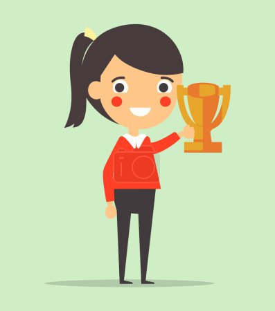 Young cartoon girl holding trophy, happy female character winning award. Celebration success victory concept vector illustration