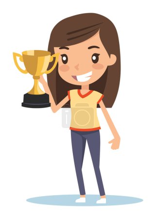 Young girl holding trophy, happy female award. Smiling child winner achievement vector illustration