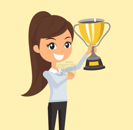 Trofeo de empresaria celebrando el éxito. Joven personaje de dibujos animados femeninos sosteniendo la taza de oro expresión feliz. Logro recompensa concepto vector ilustración
