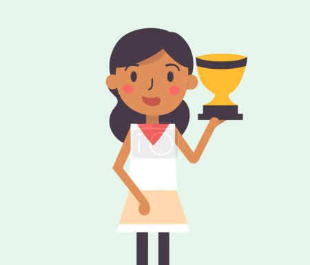 Young Asian girl holding trophy happy expression, casual attire, achievement concept. Winner, success, reward vector illustration