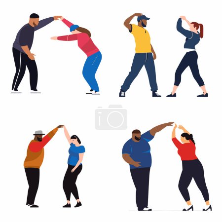 Illustration for Diverse people dancing partner moves, enjoying dance class. Adults participating dance lesson. Social dancing adult activity vector illustration - Royalty Free Image