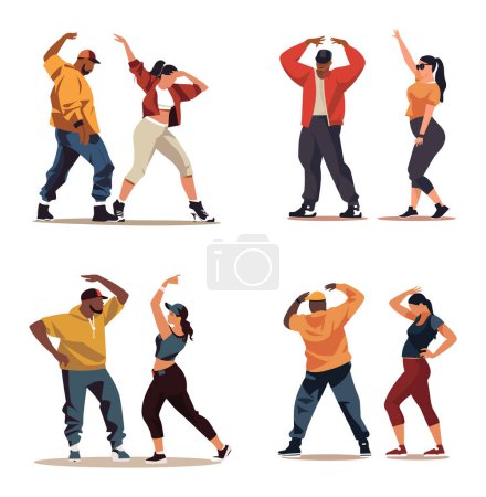 Ilustración de Cuatro personas atuendos casuales haciendo movimientos de baile hip hop. Bailarines con estilo practicando danza callejera. Ilustración vectorial cultura danza urbana - Imagen libre de derechos
