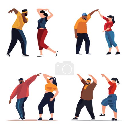 Diverse group people dancing modern styles, Casual dancers enjoying music movement. Urban dance diversity youth culture vector illustration