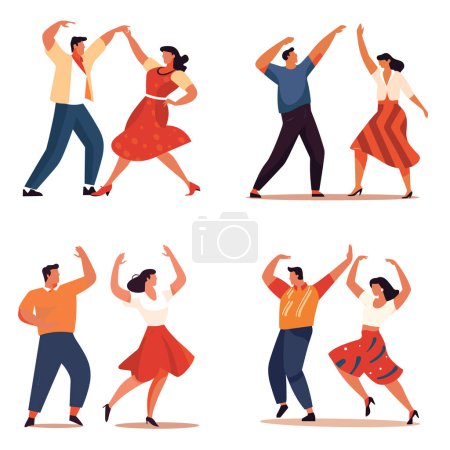 Illustration for Couples dancing salsa, men women casual outfits enjoying dance. Latin American dance partners practicing salsa moves. Dance class, social dancing, salsa night vector illustration - Royalty Free Image