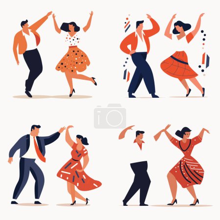 Illustration for Couples retro outfits dancing swing rock n roll. Energetic dance moves, joy, entertainment. Vintage dance event, oldfashioned dress vector illustration - Royalty Free Image