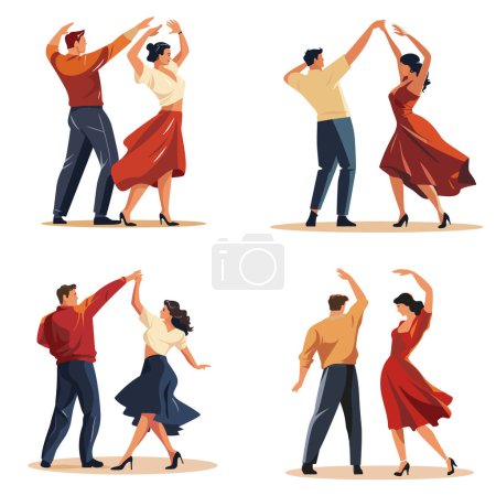 Couples dancing salsa vibrant clothes. Dance partners performing Latin American dance moves. Salsa dancers enjoying rhythm movement vector illustration