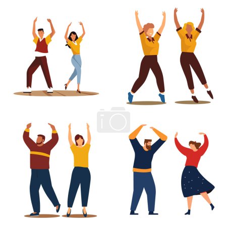 Illustration for People dancing joyfully, three men three women casual clothes. Diverse group celebrating, happy dance moves vector illustration - Royalty Free Image