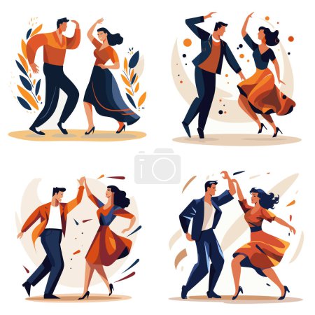 Illustration for Couples dancing salsa vibrant clothing. Latin dance performance dynamic poses joyful expressions. Passionate dance moves elegant style vector illustration - Royalty Free Image