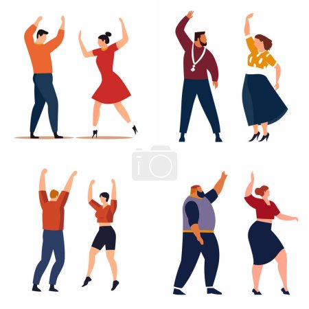 Illustration for Four diverse people dancing joyfully, two men two women enjoying party dance. Happy cartoon adults moving music vector illustration - Royalty Free Image