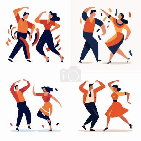 Illustration for Four people dancing pairs, vibrant clothing, lively dance moves, two men two women dance poses. Retro style party, dancers enjoying music vector illustration - Royalty Free Image