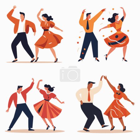 Illustration for Couples dancing salsa stylish outfits. Joyful dancers performing Latin American dance moves. Rhythmic dance cultural tradition vector illustration - Royalty Free Image