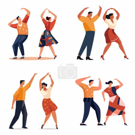 Four dancers enjoying retro party, two men two women dancing 50s style. Joyful couples swing dancing. Retro dance event vector illustration