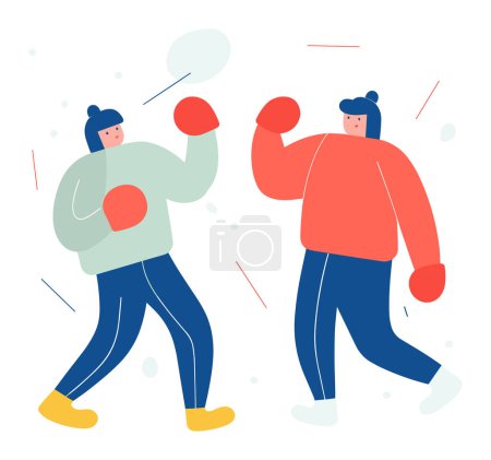 Two cartoon characters in boxing gloves sparring. Flat style design with winter hats, sports activity. Friendly boxing match vector illustration.