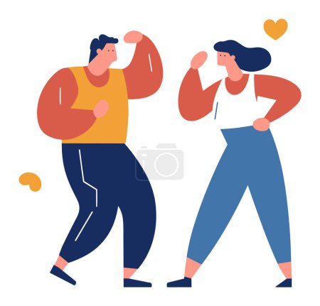 Illustration for Muscular man and strong woman flexing arms, showing confidence and strength. Cartoon characters in casual sportswear exuding empowerment. Fitness inspiration vector illustration - Royalty Free Image